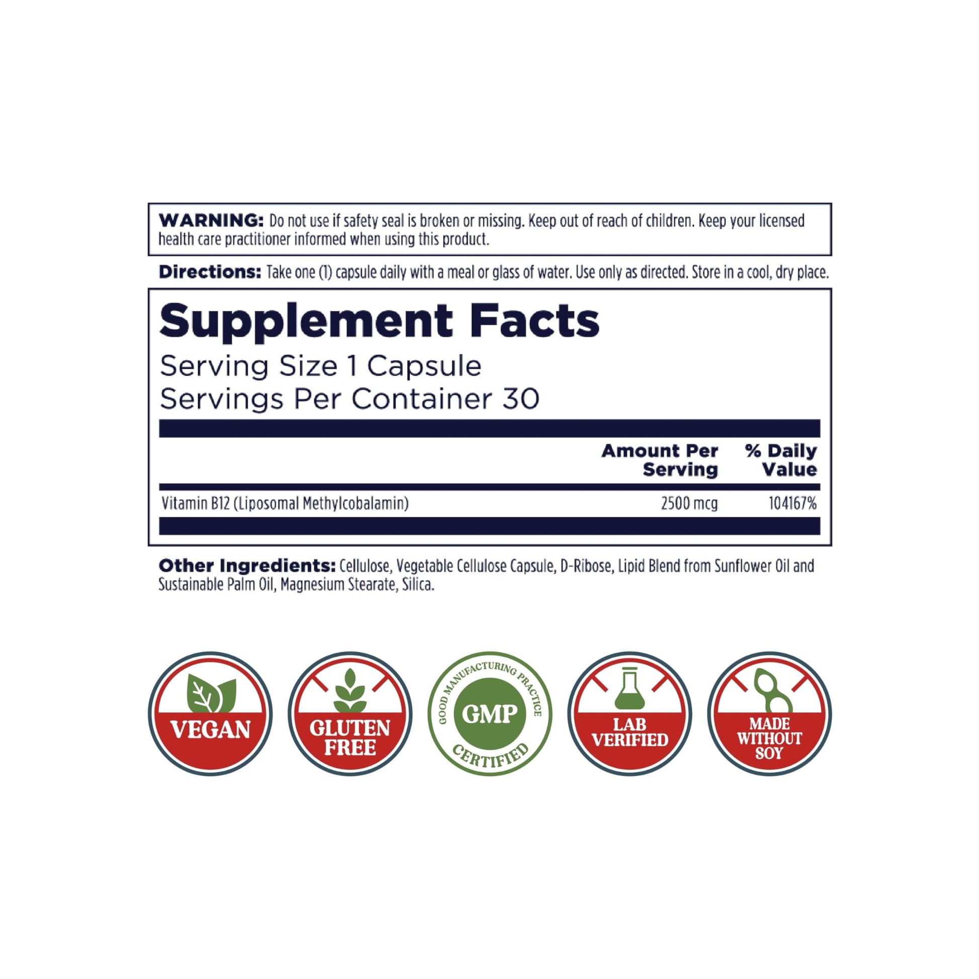 Envase KAL vitamina b12 2500 mcg sin gluten sin soya