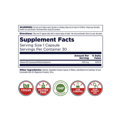 Envase KAL vitamina b12 2500 mcg sin gluten sin soya