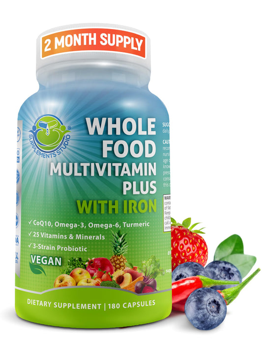 Envase de multivitamina vegana de alimentos integrales con hierro