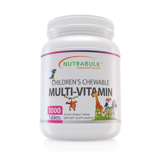Envase de multivitaminas masticables para niños de NutraBulk.