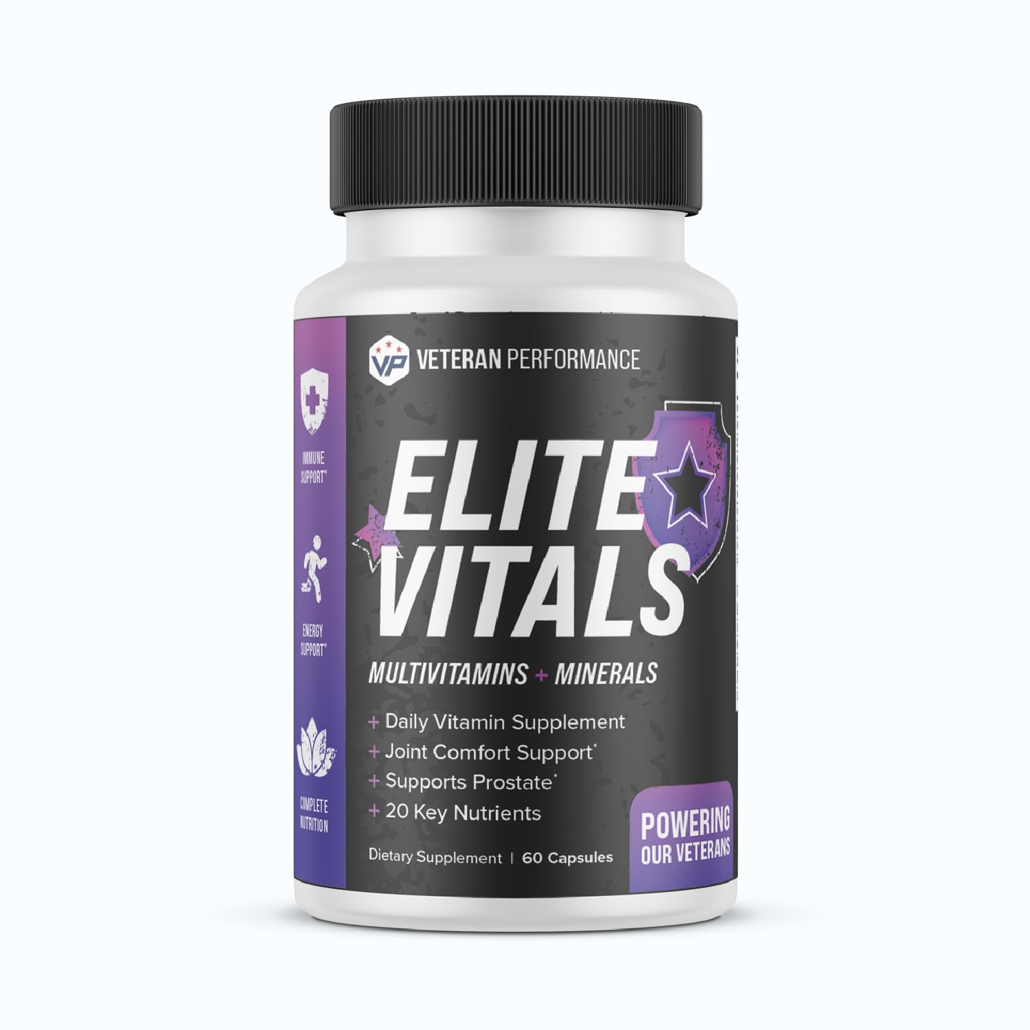Envase de multivitamínico Elite Vitals para hombres.