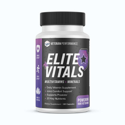 Envase de multivitamínico Elite Vitals para hombres.
