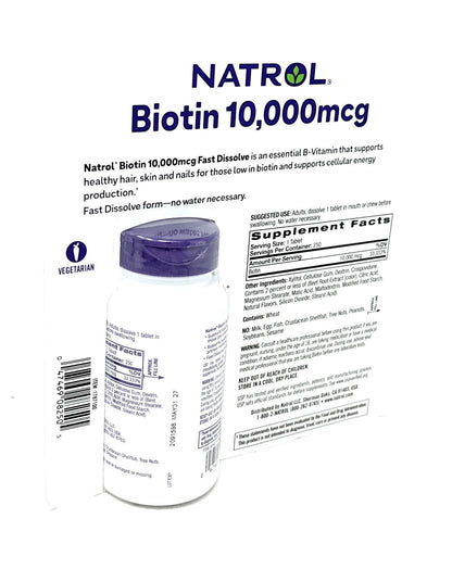Envase Natrol Biotina 10000 mcg tableta rápida sabor fresa