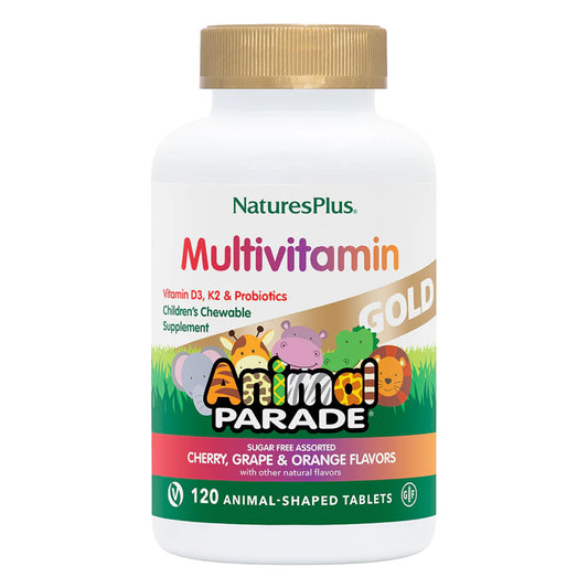 Envase de Natures Plus Animal Parade Gold multivitamina infantil.
