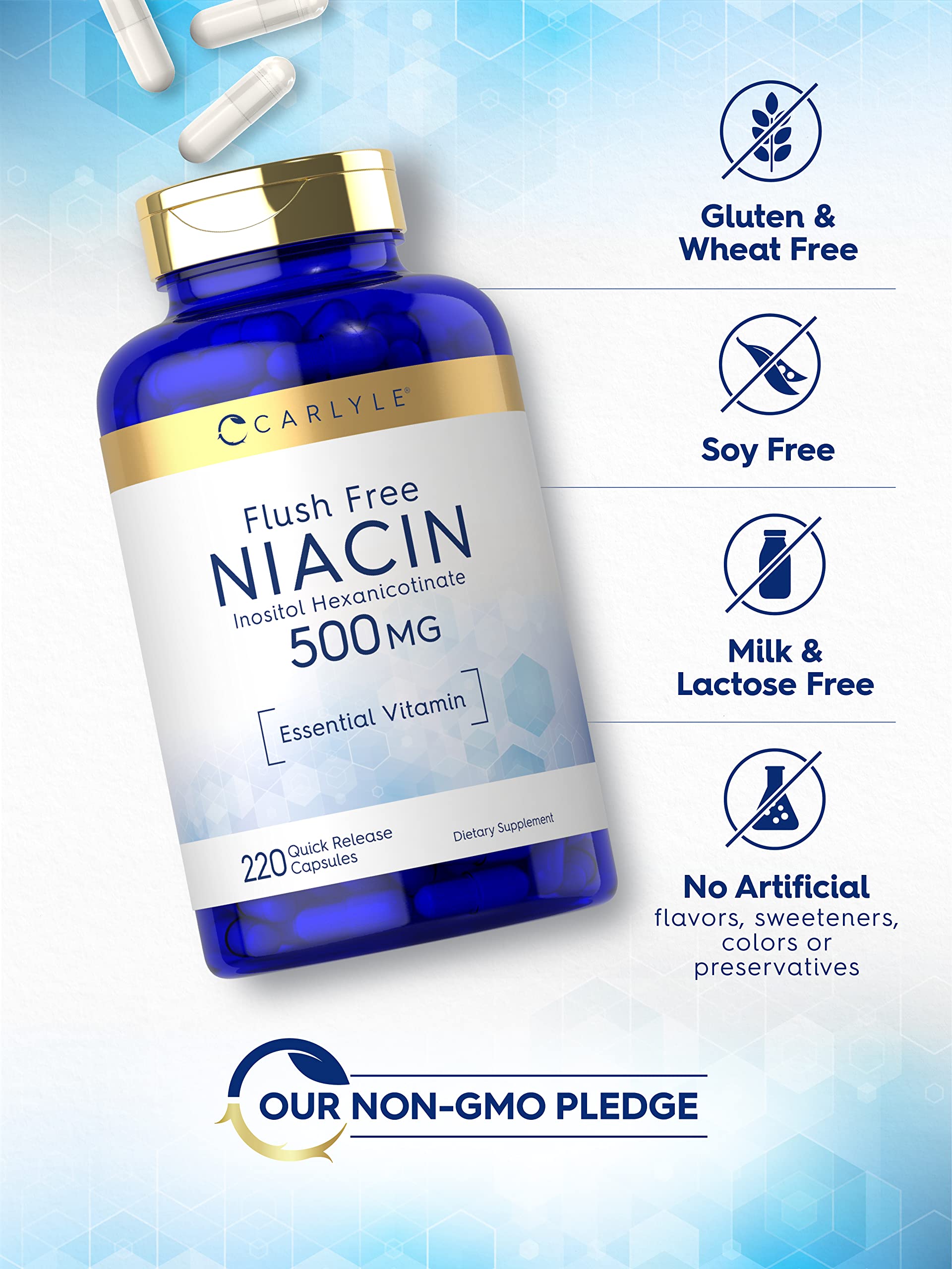 Envase de niacina sin rubor 500mg Carlyle para bienestar