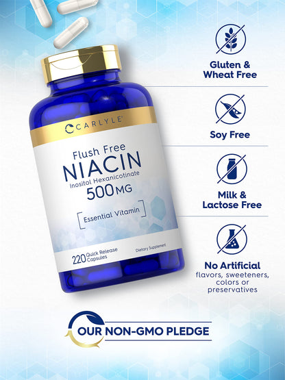 Envase de niacina sin rubor 500mg Carlyle para bienestar