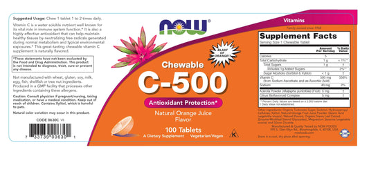 Envase NOW Foods Vitamina C-500 masticable 100 tabletas