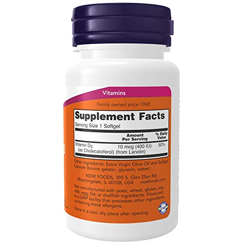 Envase NOW Foods vitamina D-3 400 UI 180 cápsulas