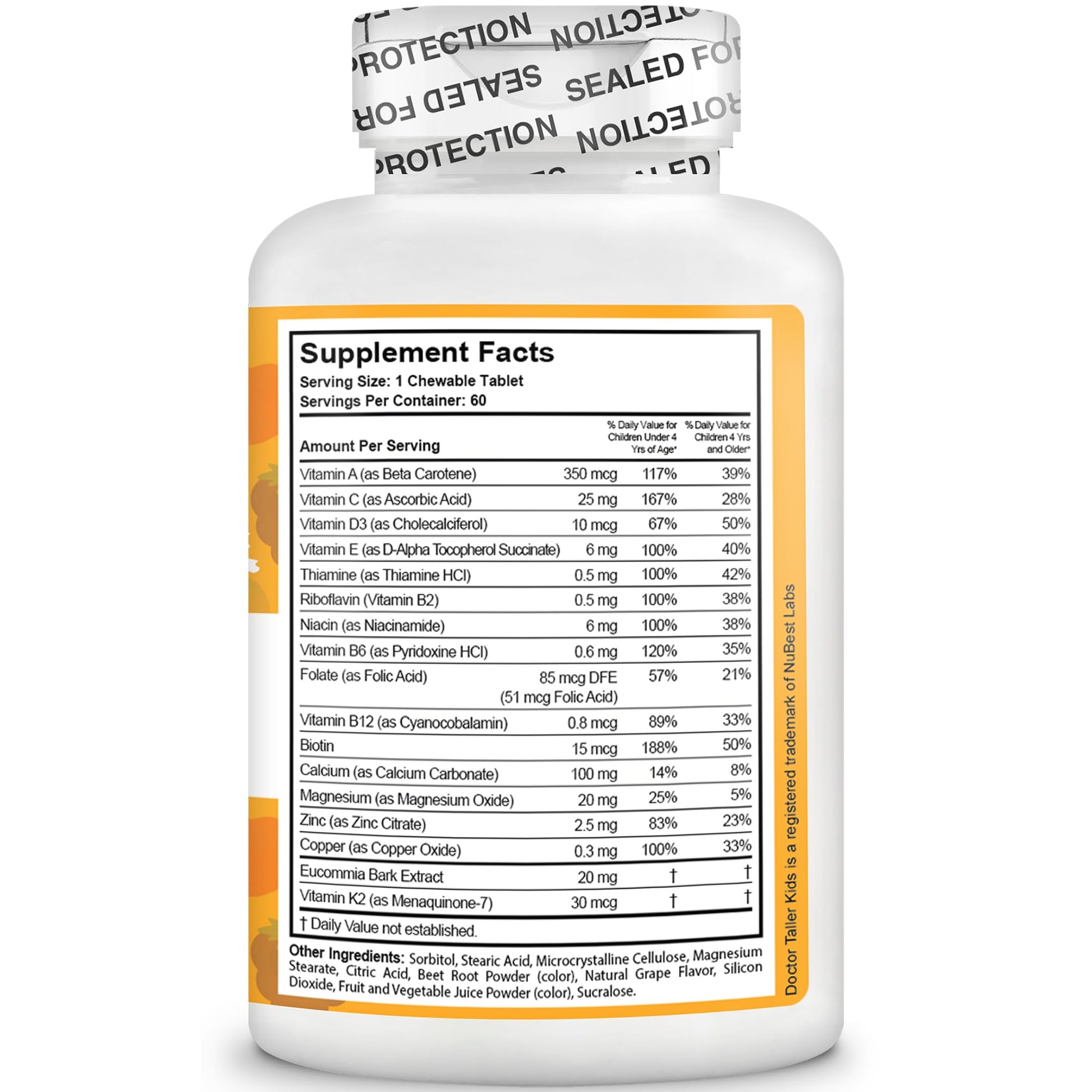 Envase NuBest Doctor Taller multivitaminas veganas para niños sabores uva