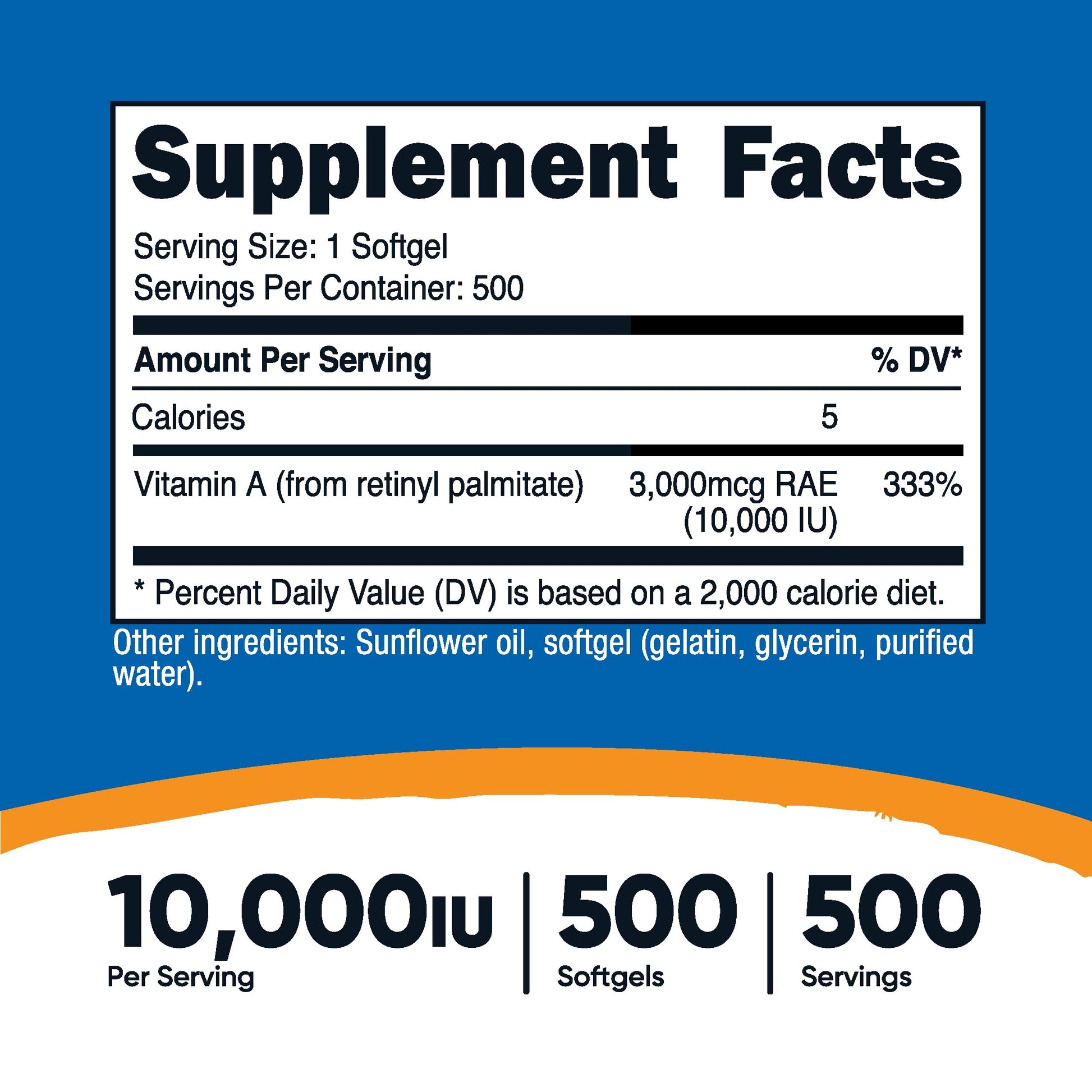 Envase Nutricost vitamina A 10,000 UI 500 cápsulas blandas