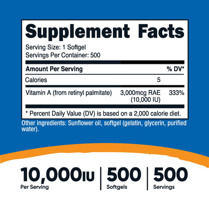 Envase Nutricost vitamina A 10,000 UI 500 cápsulas blandas