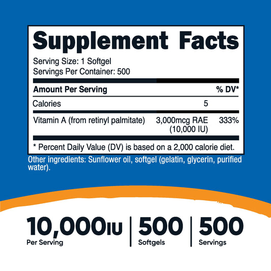 Envase Nutricost vitamina A 10,000 UI 500 cápsulas blandas