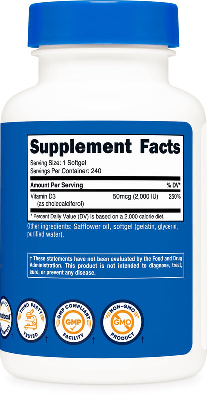 Envase Nutricost vitamina D3 cápsulas blandas 240 unidades