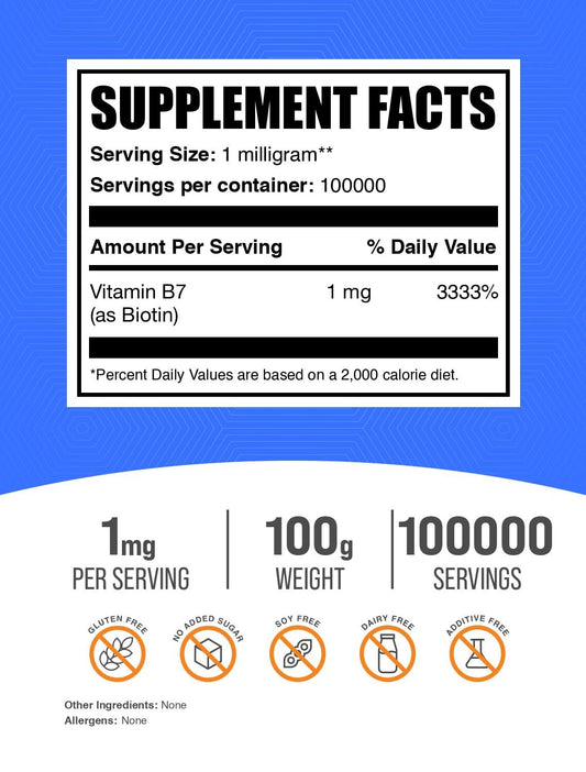 Envase grande de polvo de biotina BulkSupplements 100g