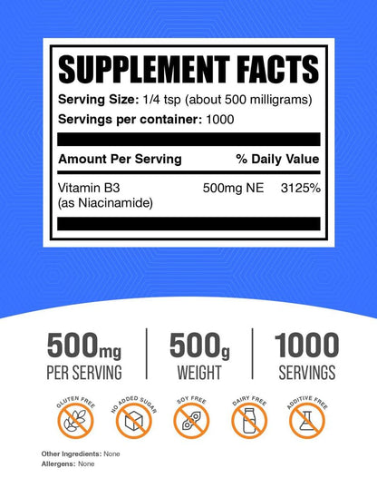 Envase de polvo BulkSupplements niacinamida 500mg