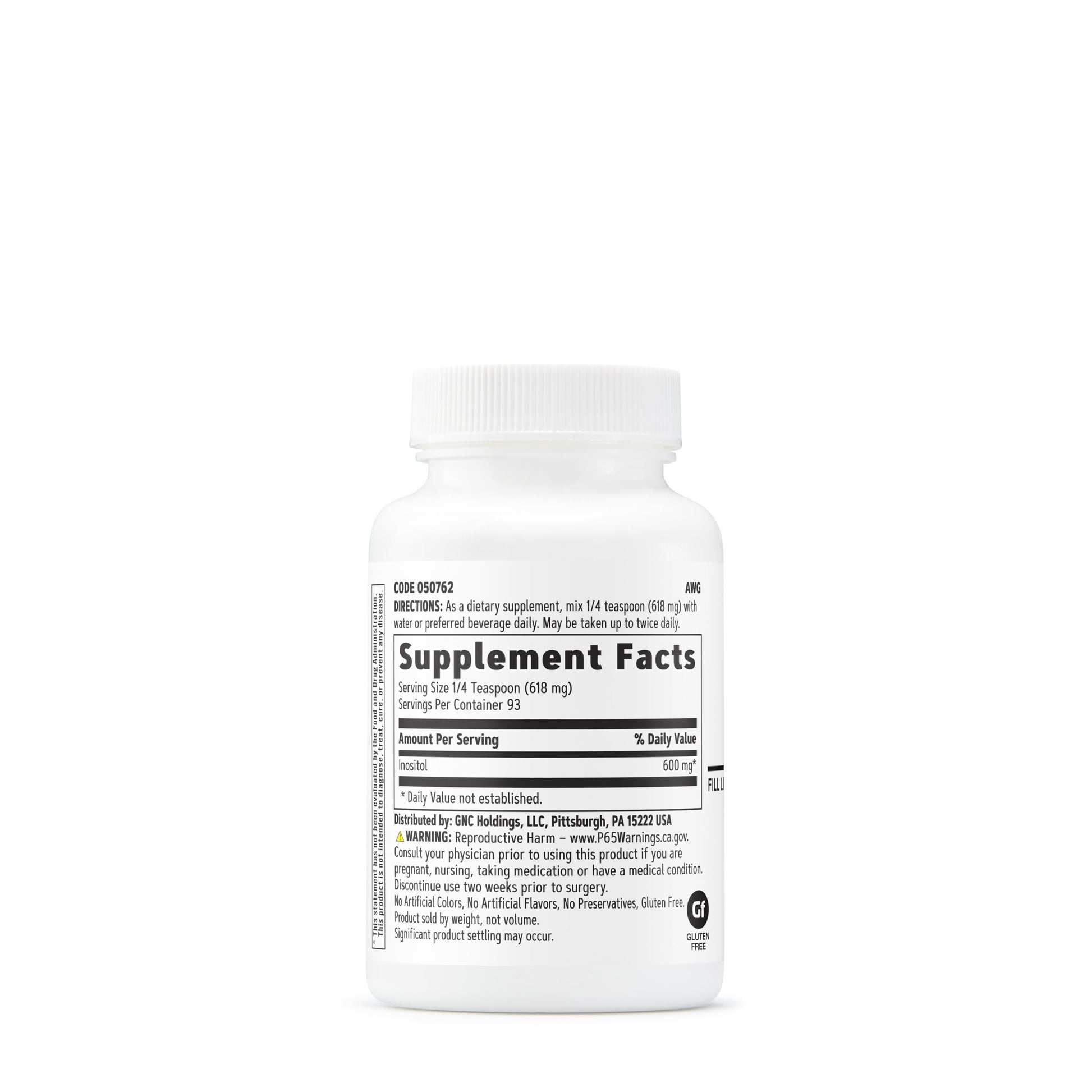 Envase polvo GNC inositol 600 mg vista lateral