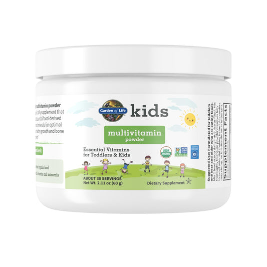Envase de polvo multivitamínico Garden of Life para niños