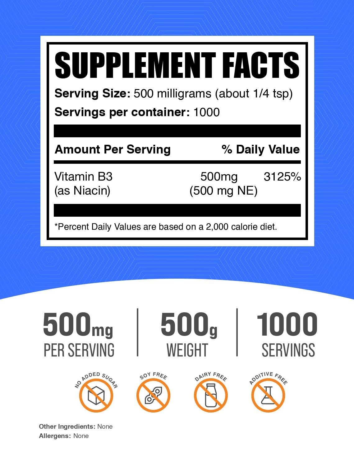 Envase de polvo de niacina BulkSupplements 500 gramos