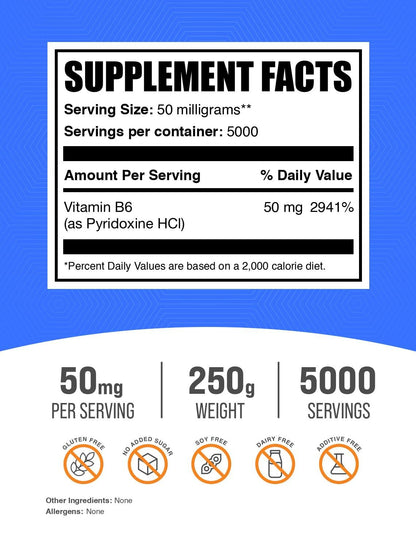 Envase de polvo de vitamina B6 BulkSupplements 250g