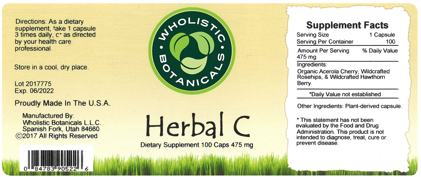 Envase posterior Wholistic Botanicals cápsulas vitamina C