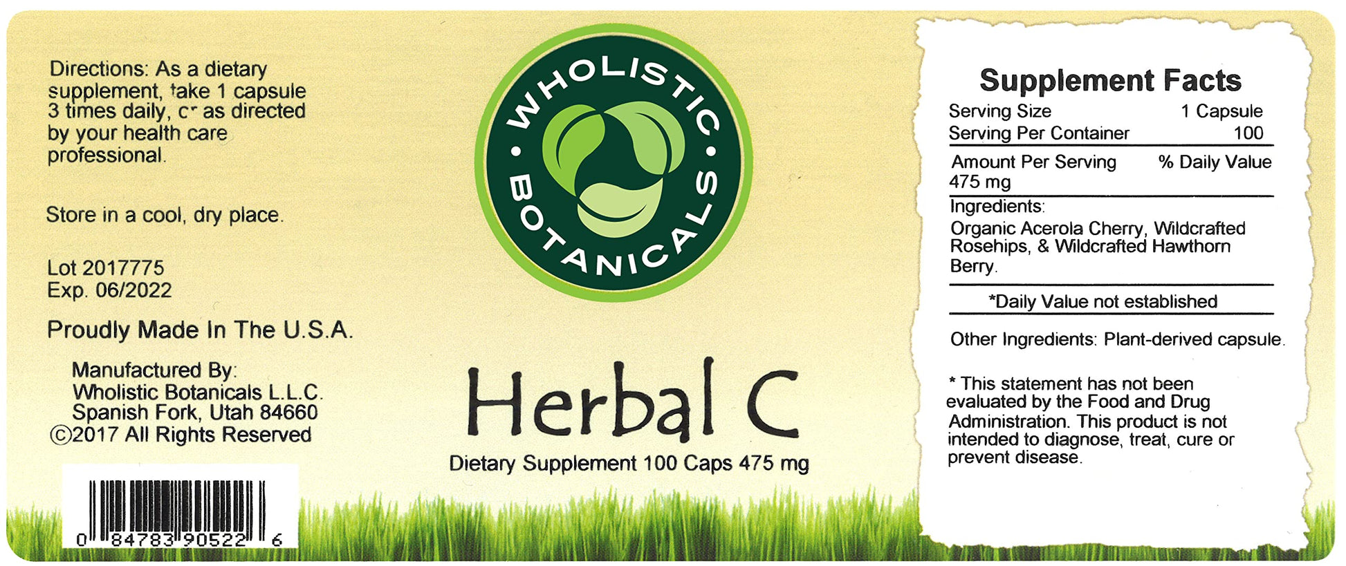 Envase posterior Wholistic Botanicals cápsulas vitamina C