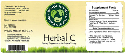 Envase posterior Wholistic Botanicals cápsulas vitamina C