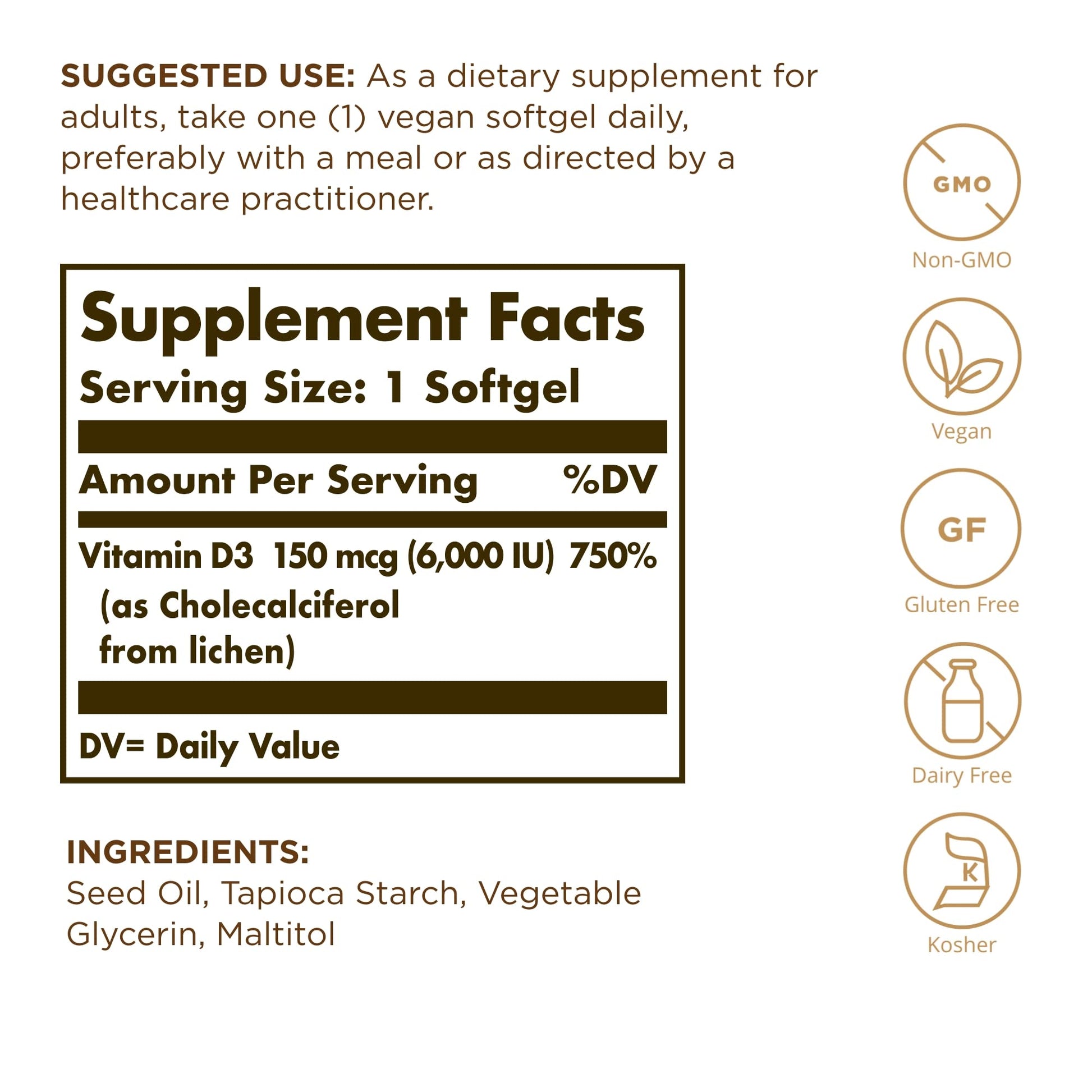 Envase Solgar Vitamina D3 Vegana 150mcg 100 softgels