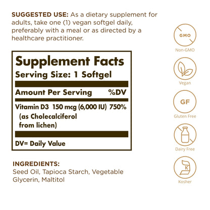 Envase Solgar Vitamina D3 Vegana 150mcg 100 softgels