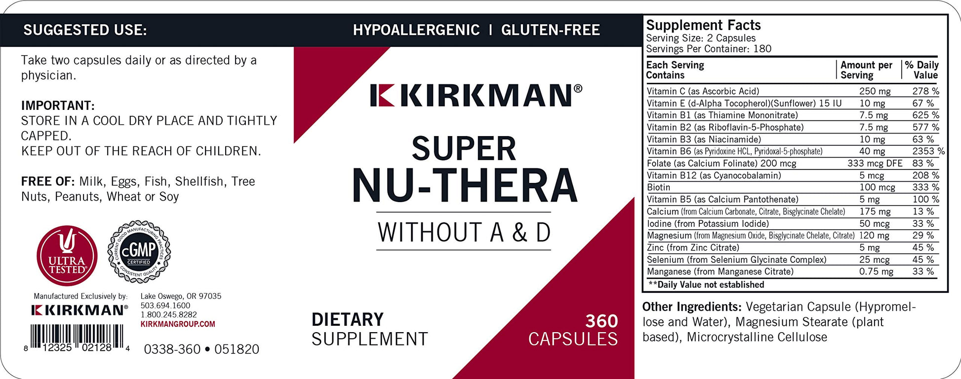 Envase de Super Nu-Thera con información nutricional