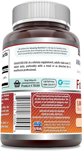 Envase suplemento ácido fólico 5000 mcg marca Amazing Formulas