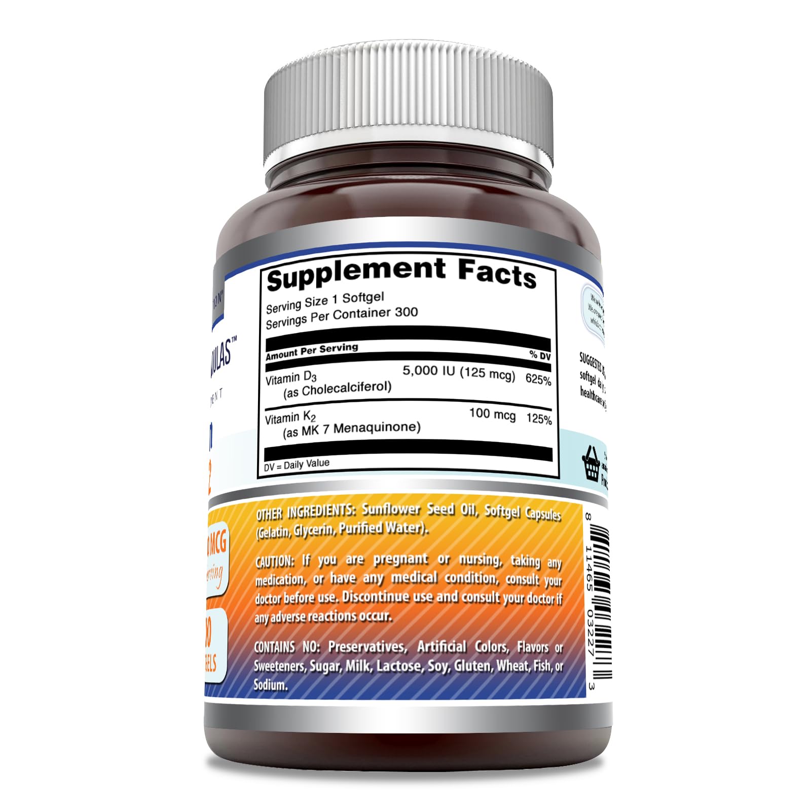 Envase suplemento Amazing Formulas D3 y K2 sin gluten y sin GMO