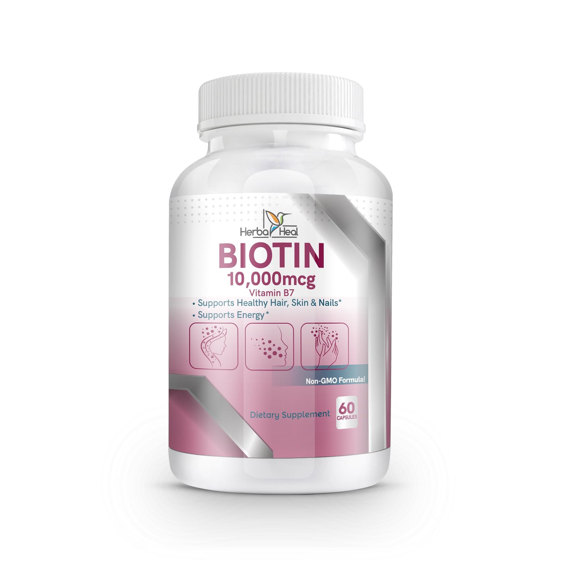 Envase suplemento biotina HERBA HEAL para cabello piel y uñas