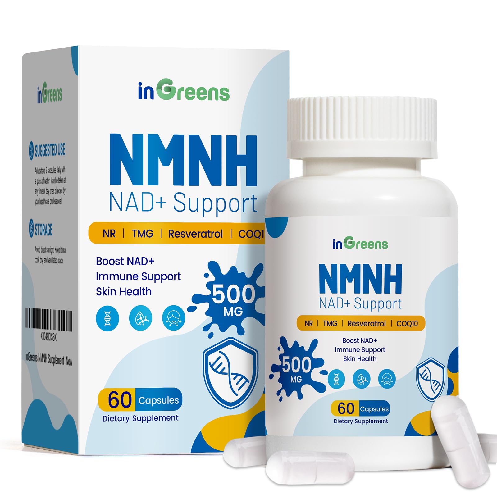 Envase de suplemento inGreens NMNH 120 cápsulas pack de 6
