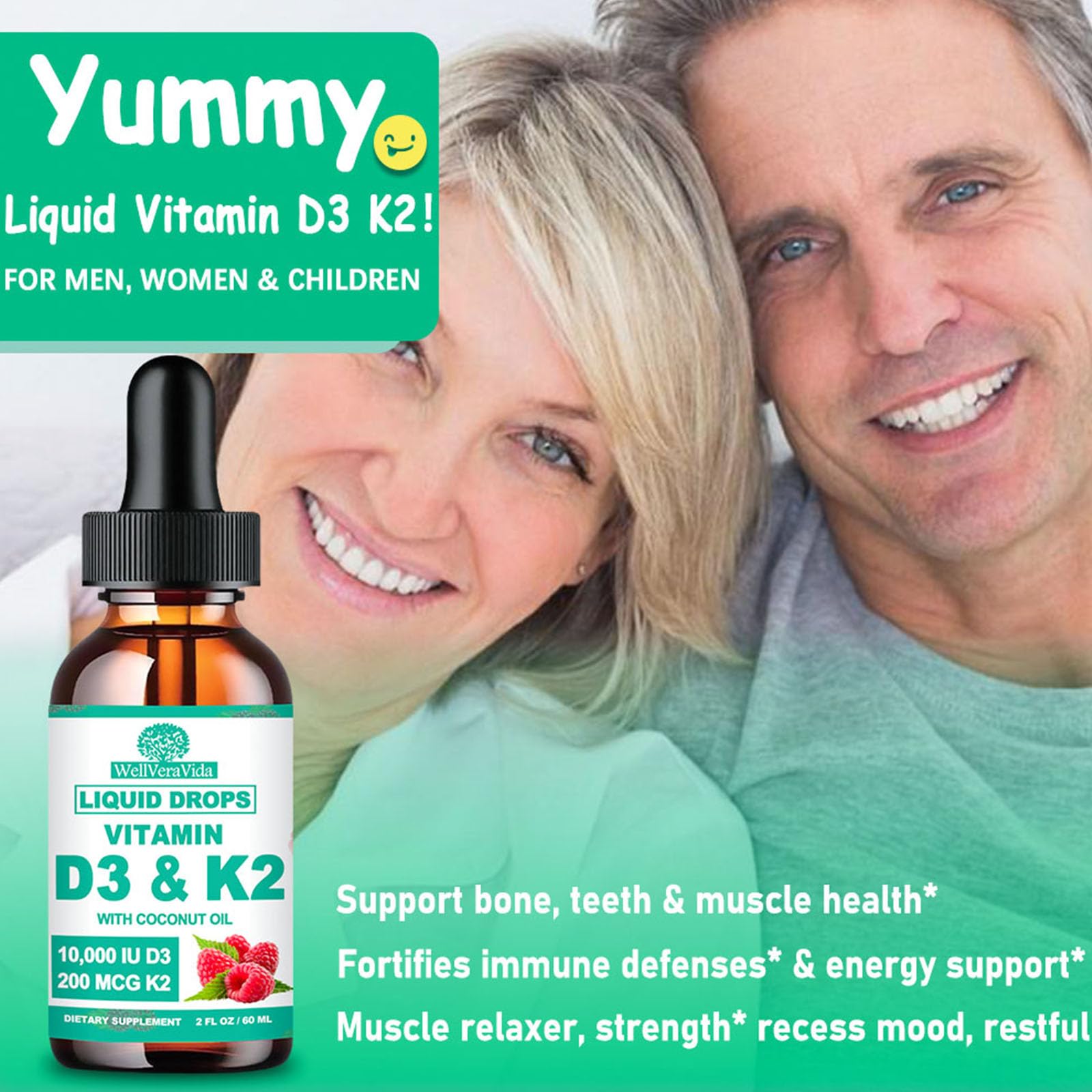 Envase detallado suplemento líquido vitamina D3 K2 10000 IU