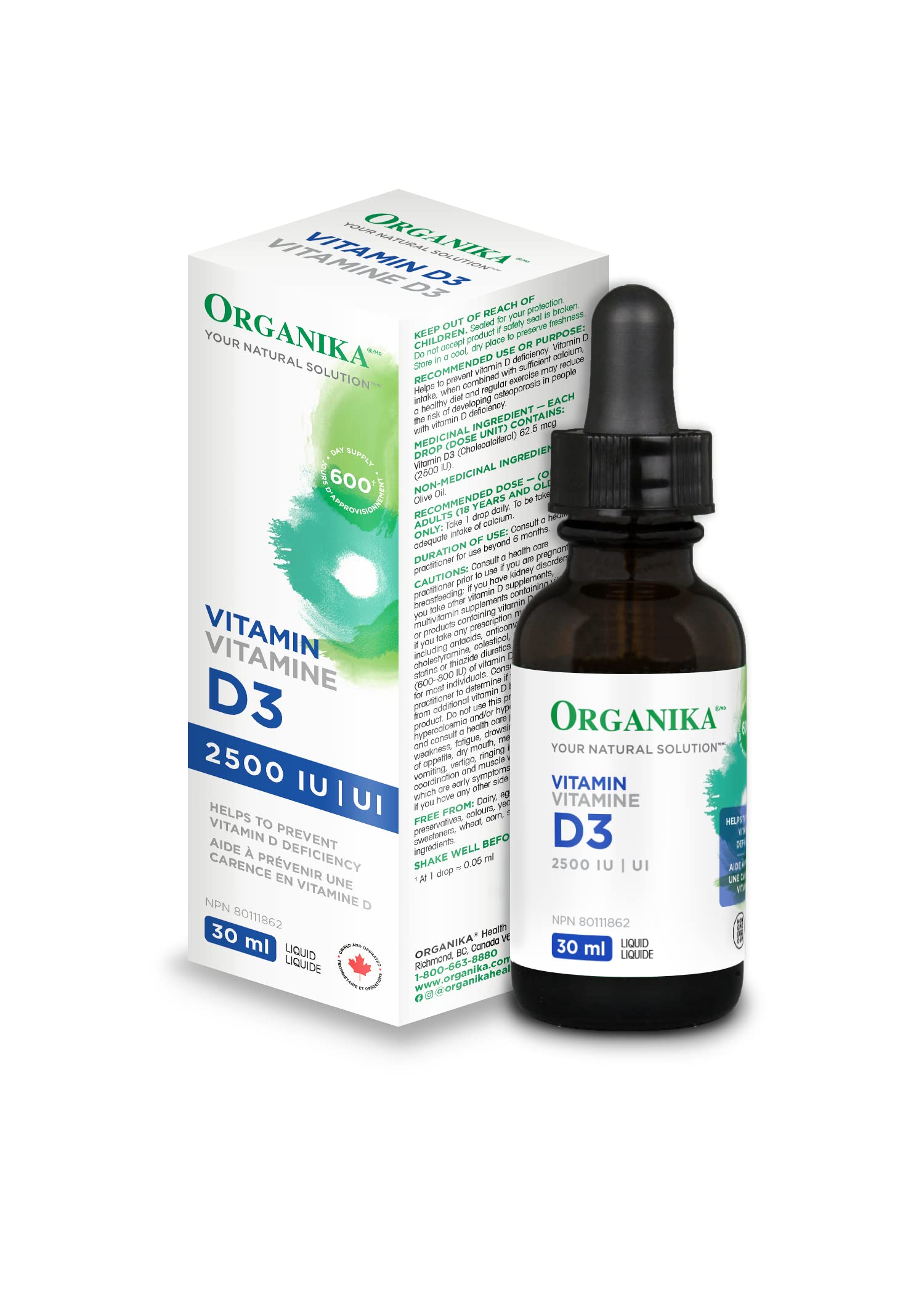 Envase del suplemento líquido vitamina D3 Organika