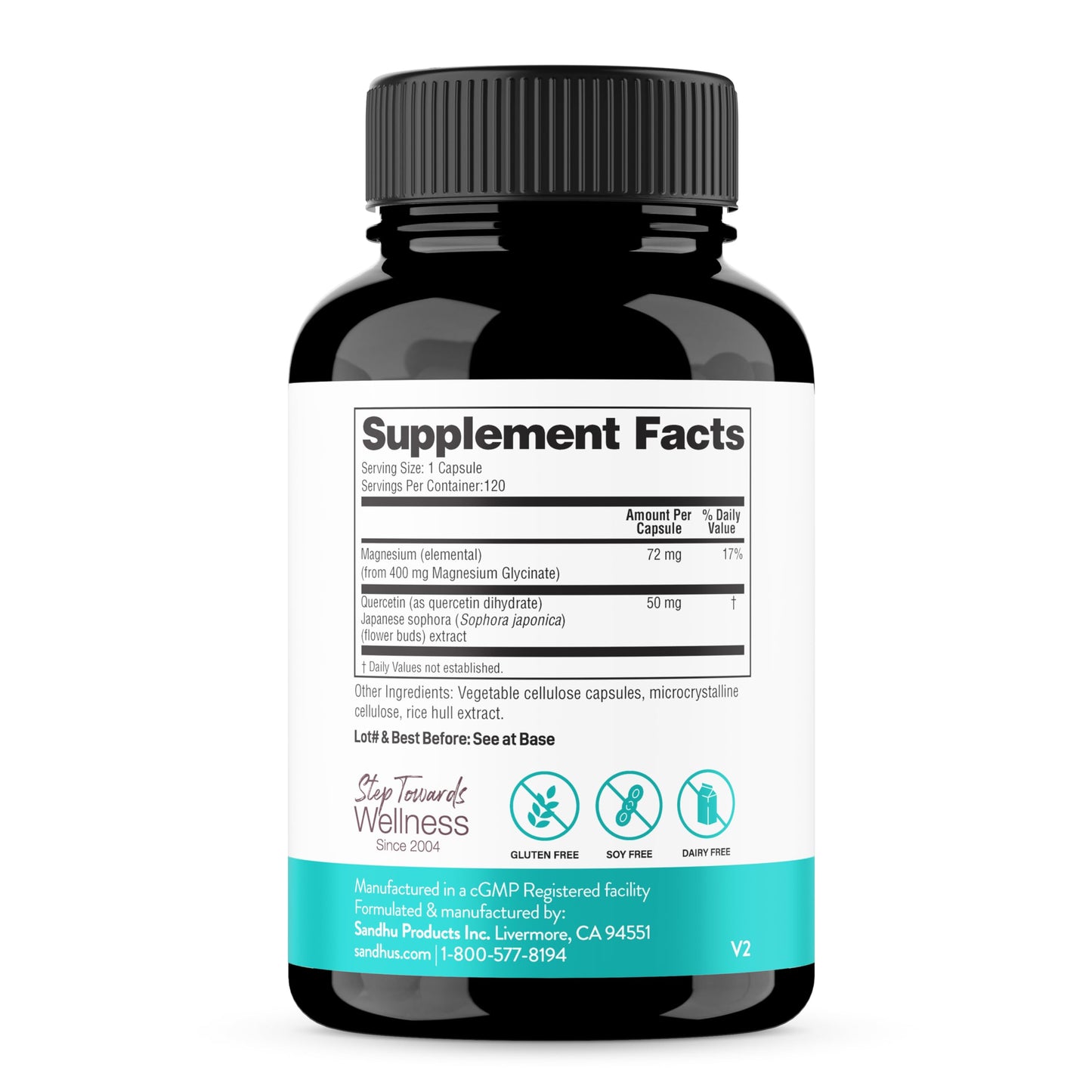 Envase de suplemento magnesio glicinato con antioxidante quercetina