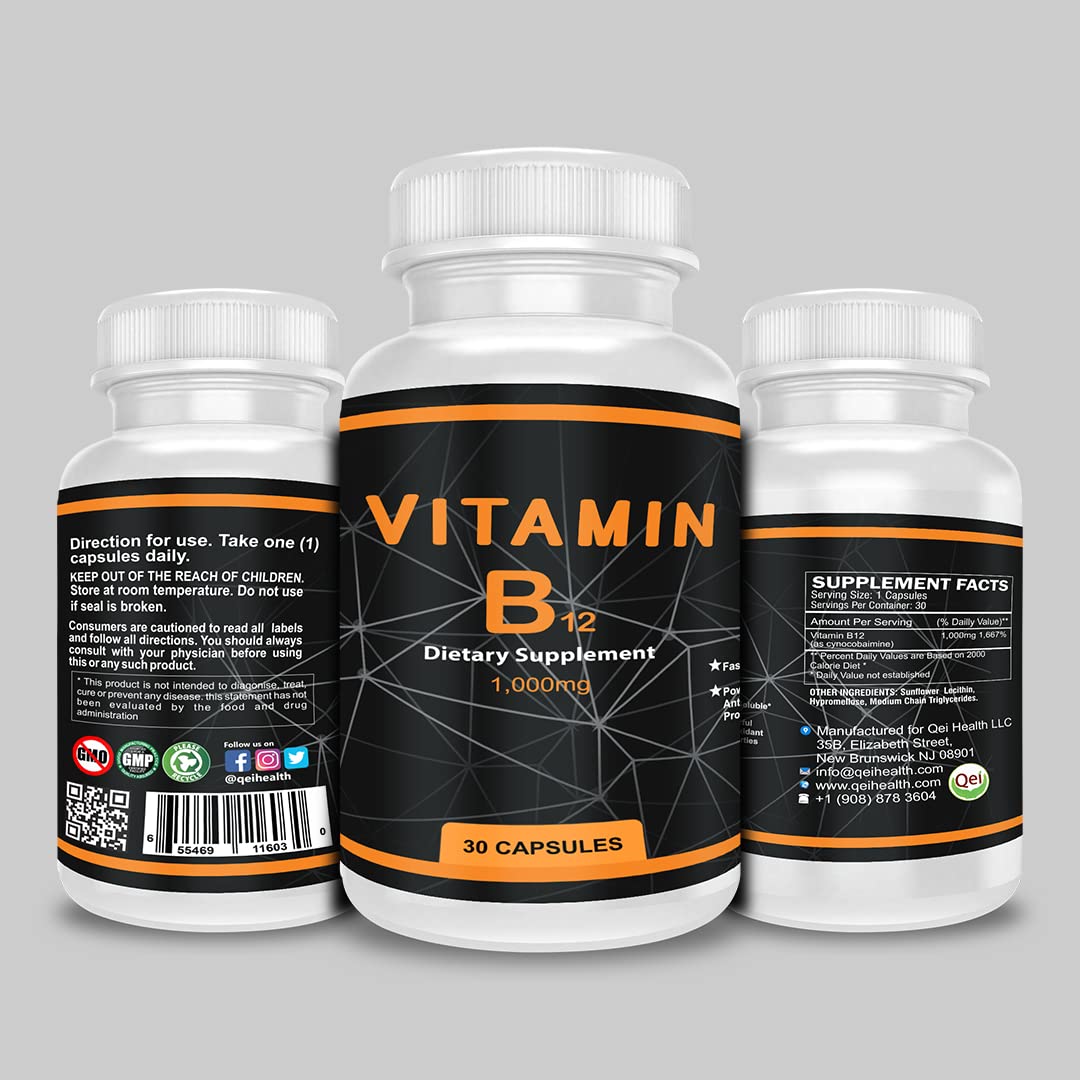 Envase de suplemento qei vitamina b12 30 cápsulas naranja
