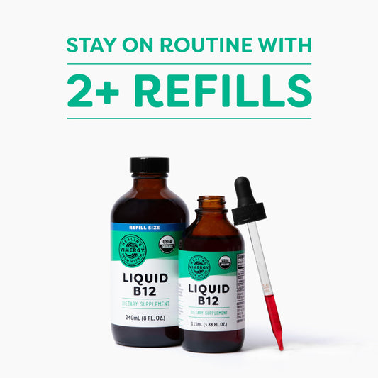 Envase frontal suplemento Vimergy B12 líquida vegana y orgánica