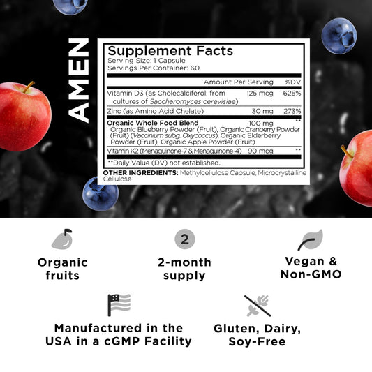 Envase de suplemento vitamina d3, k2 y zinc amen vegano
