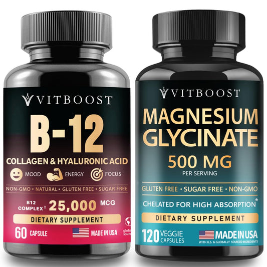 Envase de suplemento VITBOOST B12 con colágeno y magnesio