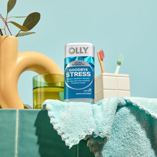 Envase y suplementos OLLY Goodbye Stress en ambientación hogar