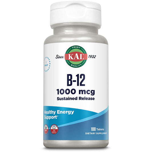Envase de tabletas KAL vitamina B12 1000 mcg liberación prolongada