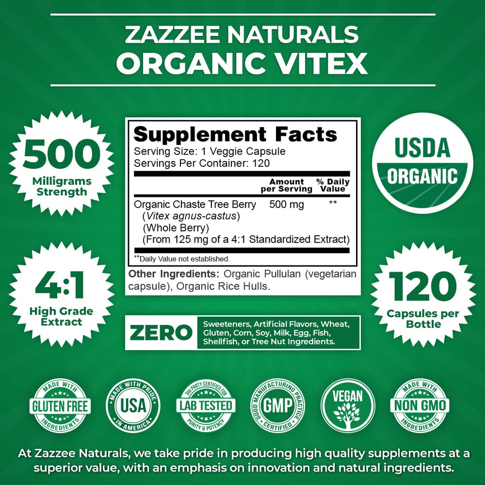 Envase trasero con detalles suplemento Zazzee mio-inositol y Vitex