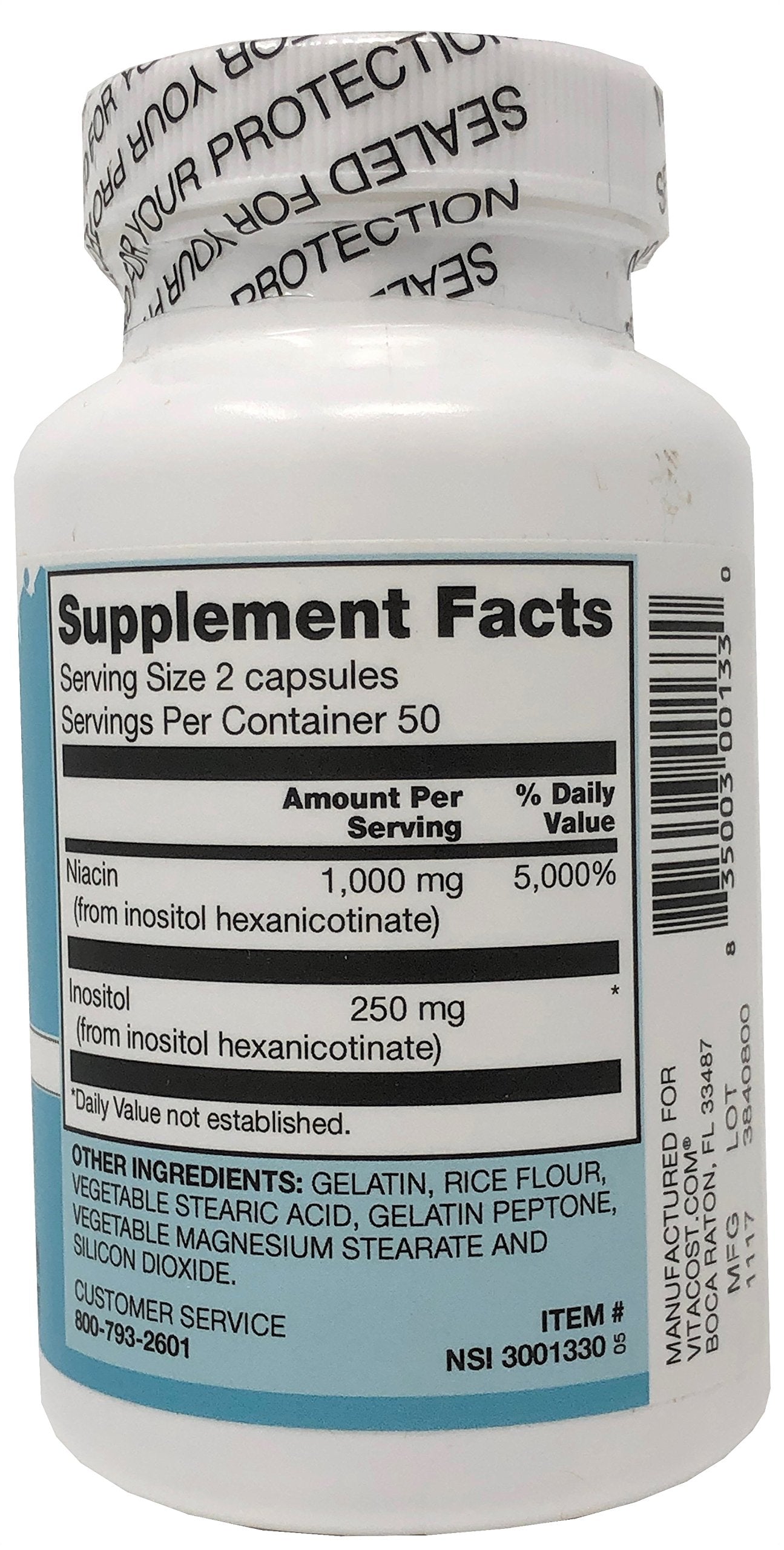 Envase Vitacost Niacina 1000 mg sin irritación gastrointestinal