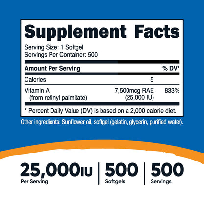 Envase frontal Vitamina A Nutricost 25000 UI