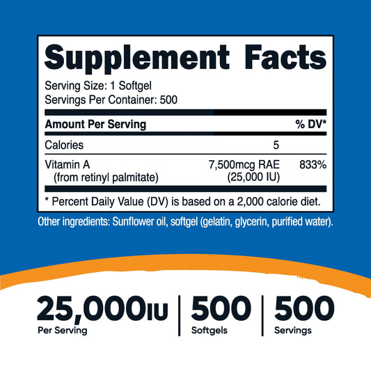 Envase frontal Vitamina A Nutricost 25000 UI