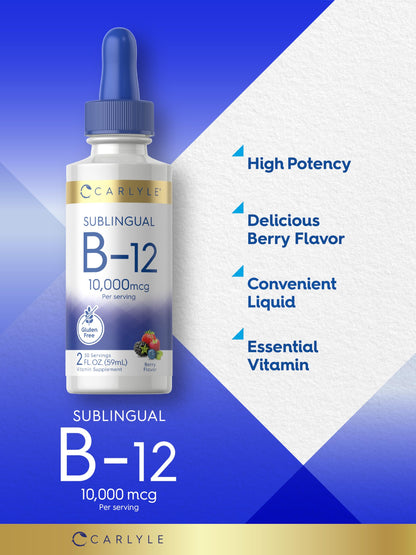 Envase vitamina B12 líquida sin gluten Carlyle 10000mcg 2 fl oz