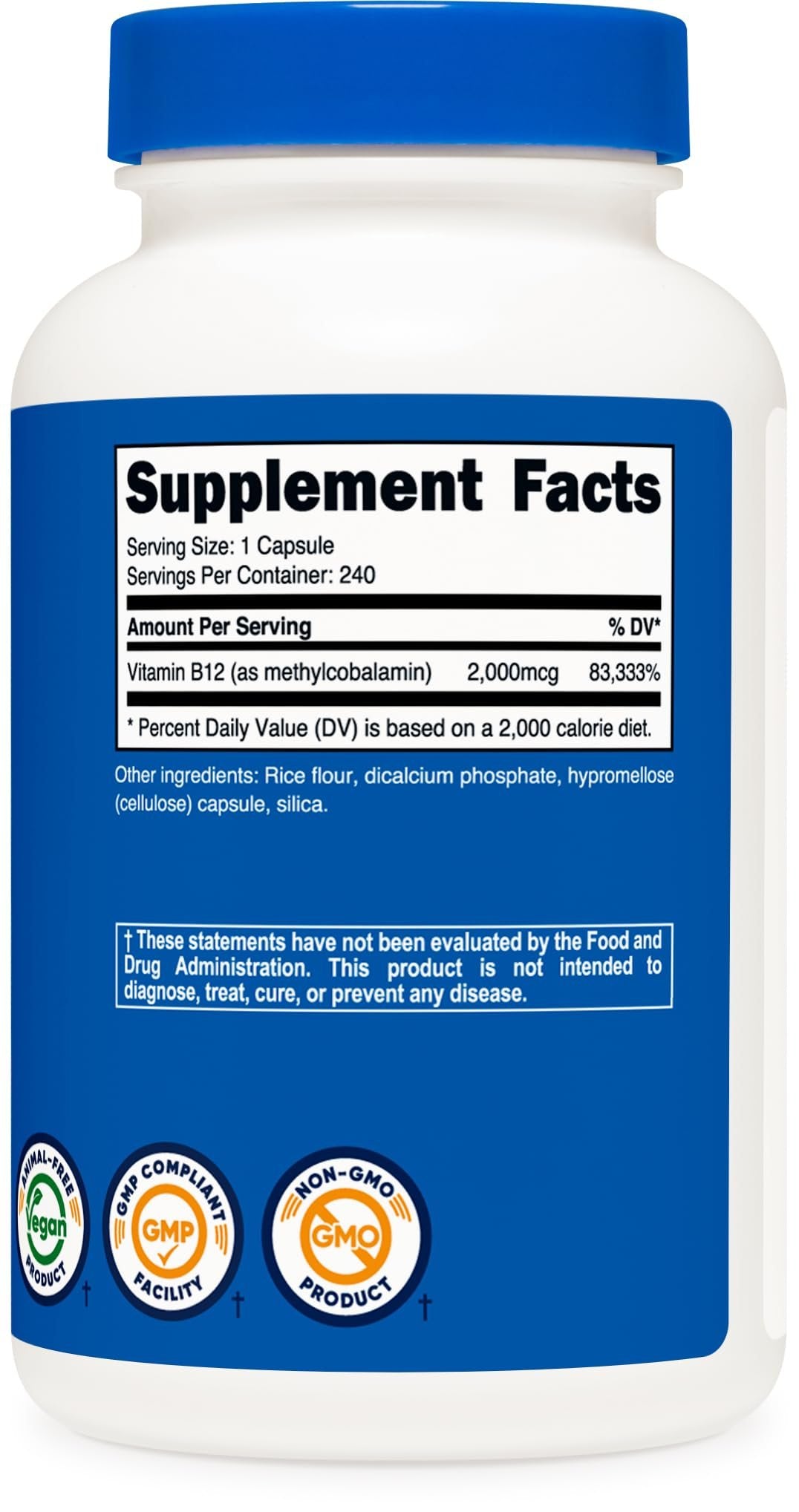 Envase vitamina B12 Nutricost 240 cápsulas vegetarianas