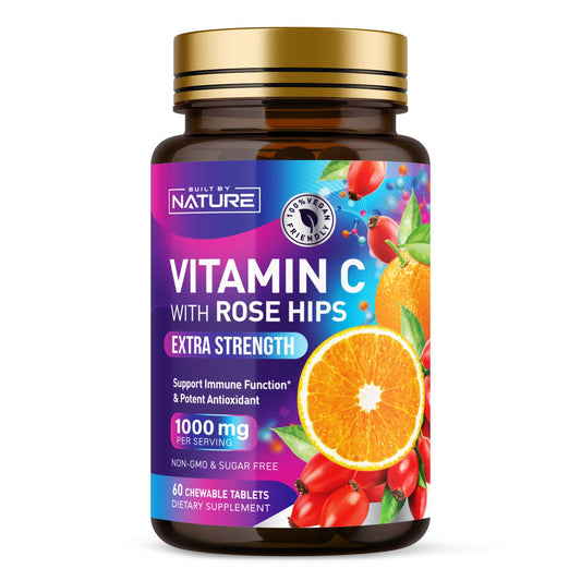 Envase vitamina C masticable Built by Nature con rosa mosqueta