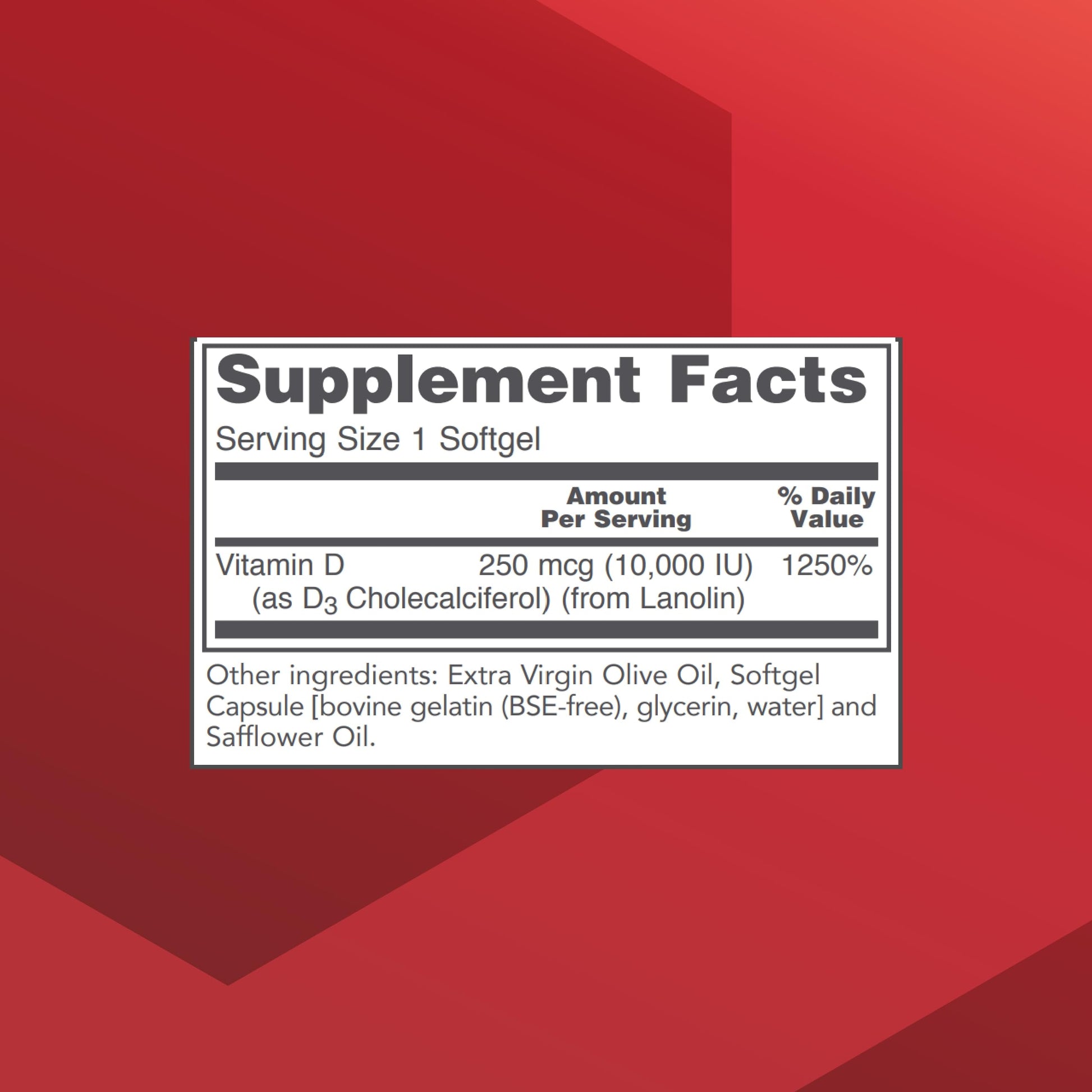Envase suplementario vitamina d3 10000 ui con 120 cápsulas blandas